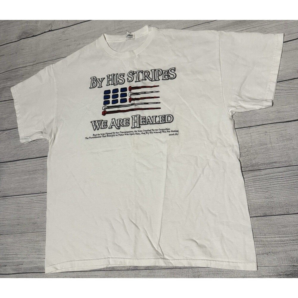 Y2K Christian Graphic T Shirt Size XL By His Stripes We Are Healed Isaiah 53:5